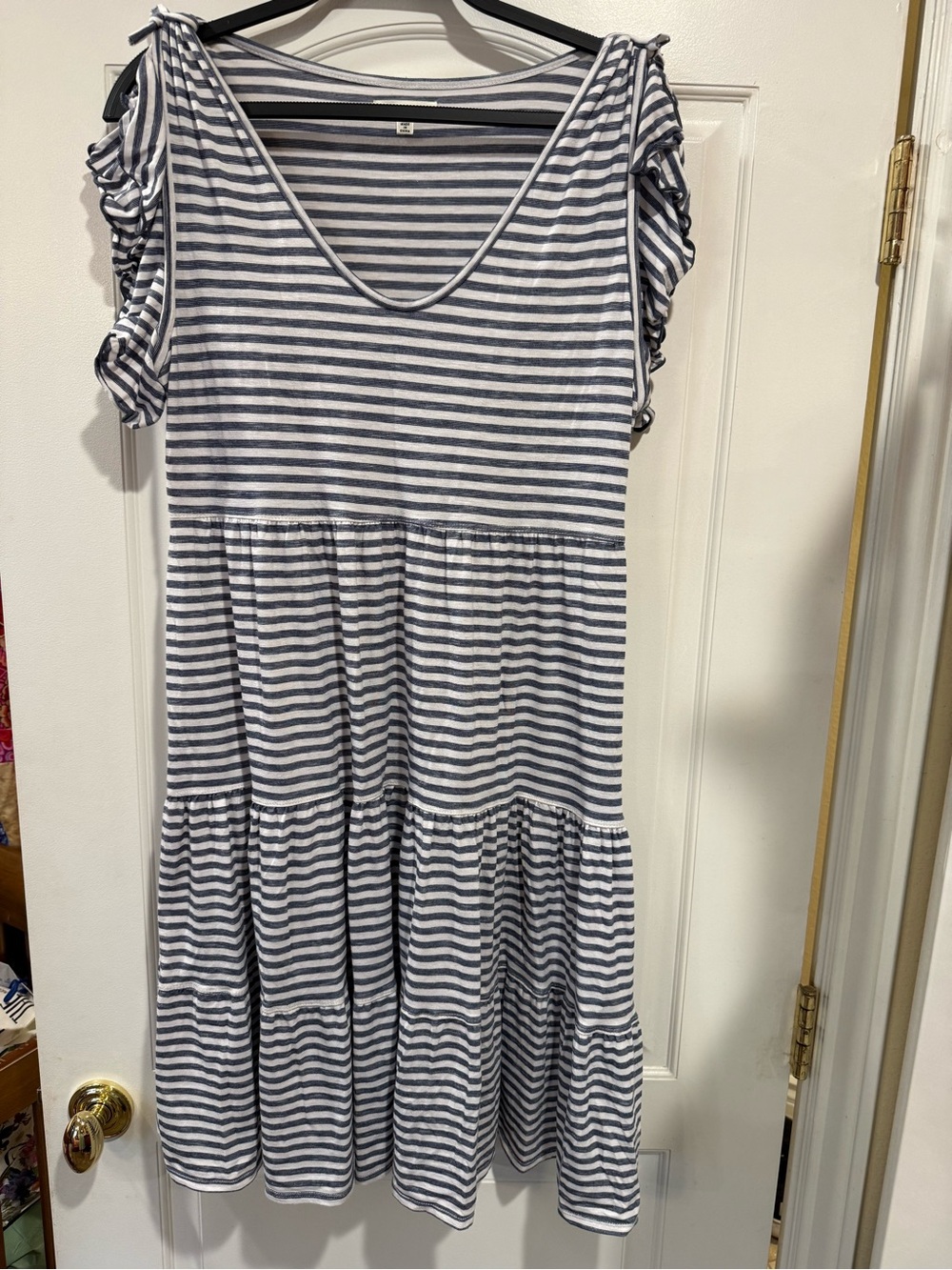 Max Studio Navy and White Striped Ruffle Sleeve Tiered Dress